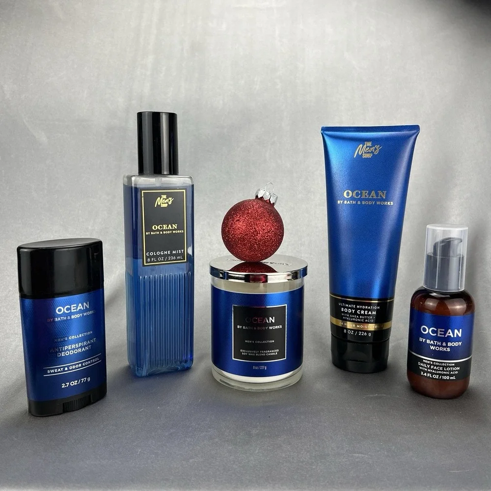 5pc Gift Lot Bath & Body Works Men's Collection Ocean Candle Face Lotion Cream +